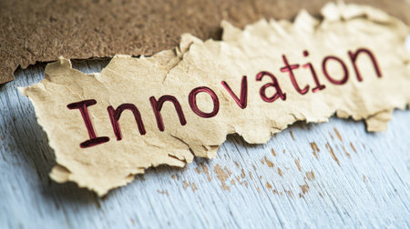 The innovation word is prominently displayed on a piece of torn paper, showing a creative idea on a distressed wooden background. The composition highlights simplicity and creativity.の素材