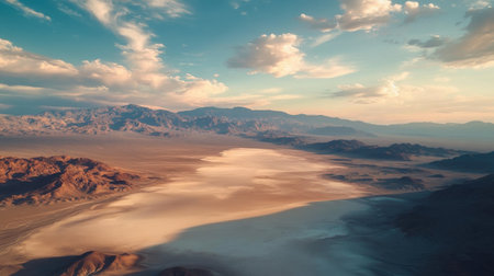 An expansive desert panorama showcases dry salt flats contrasting with rugged mountains and a colorful sky at sunset, highlighting nature's beauty and tranquility.の素材