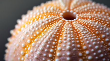 A striking sea urchin rests on a sandy beach, capturing attention with its textured surface and vivid colors as dawn light illuminates its unique features.の素材