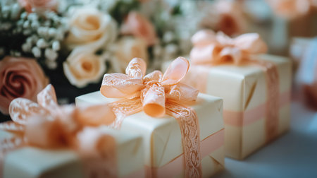 Delicate gift boxes wrapped with pale ribbons lie next to a beautiful arrangement of soft-colored roses, creating a festive atmosphere at the celebration.の素材