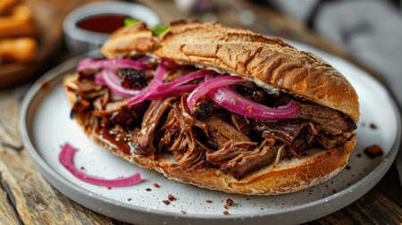 A sandwich with onions and meat on a white plate. The sandwich is cut in half and is placed on a wooden tableの素材