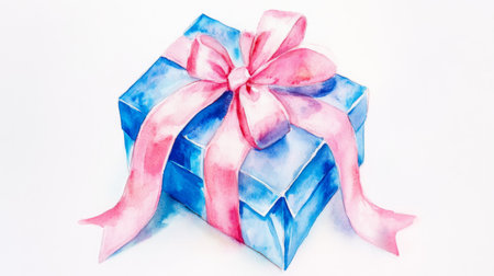 The gift box is artistically rendered in soft blues with a delicate pink ribbon, symbolizing celebration and giving, perfect for special occasions.の素材