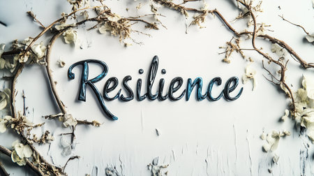 The resilience word is artistically arranged with dried flowers and branches on a light surface, symbolizing strength and growth through adversity.の素材