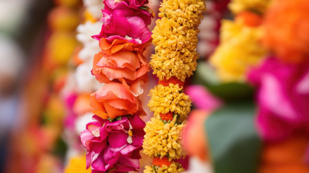 Vibrant garlands made of roses and marigolds hang in a bustling market, celebrating spring's beauty and local craftsmanship. The colorful display draws visitors and enhances the festive atmosphere.の素材