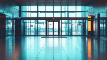 The spacious terminal features expansive glass windows that allow natural light to fill the area, highlighting the glossy floors and open space. Transportation signs and elevators are visible.の素材