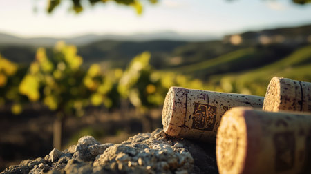 Corks lie on a textured stone, surrounded by vibrant green vineyards under the warm glow of a setting sun, creating a peaceful rural atmosphere.の素材