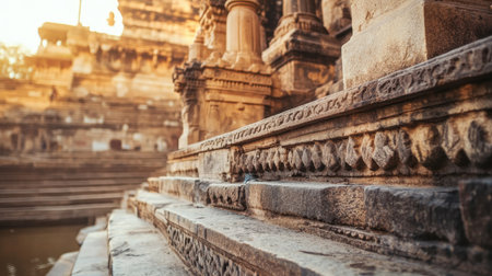 The stone steps of an ancient temple show intricate carvings while leading to a tranquil water body, illuminated by the warm glow of the setting sun.の素材