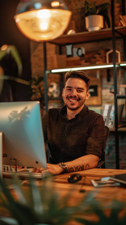 A man is sitting at a desk with a computer and smiling. He is wearing a black shirt and a watchの素材