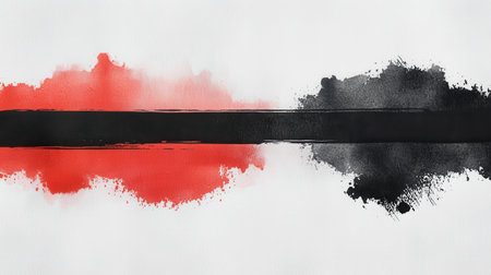 Vivid watercolor splashes in red and black are artistically arranged around a bold horizontal black stripe on a clean white background, creating a striking contrast.の素材