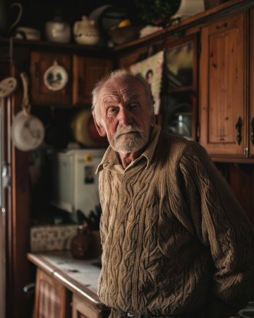 An elderly man, dressed in traditional clothing, stands thoughtfully in a rustic kitchen filled with wooden decor, evoking a sense of nostalgia and warmth.の素材