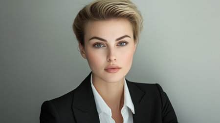 A professional businesswoman exudes confidence and elegance in a tailored blazer, showing a polished look for a business environment.の素材