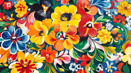 This artwork showcases a Petrykivka-inspired design, featuring an array of colorful flowers in bold hues. The intricate patterns reflect cultural heritage and appreciation for nature.の素材