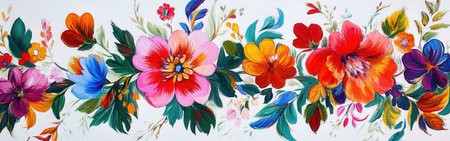 This artwork showcases traditional Petrykivka painting, adorned with vibrant flowers and detailed foliage, set against a clean white backdrop. The design bursts with color.の素材