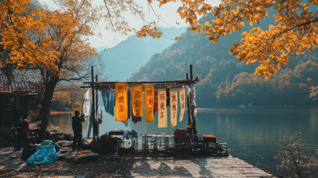 In a picturesque lakeside location, workers are busy hanging vibrant welcome banners amid the stunning autumn colors and serene landscape.の素材