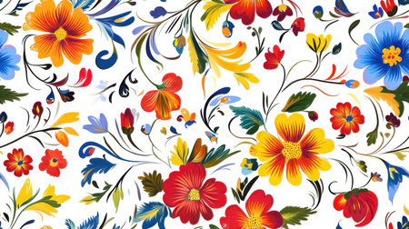 A beautiful array of Petrykivka floral art showcases vivid flowers and swirling foliage on a clean white backdrop, celebrating traditional Ukrainian craftsmanship.の素材