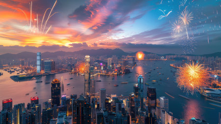 Colorful fireworks burst in the night sky, celebrating the New Year above a lively cityscape, reflecting on the water while crowds revel below.の素材