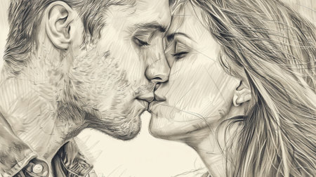 This artwork showcases a romantic couple lost in a loving kiss, embodying deep affection and connection, surrounded by an aura of intimacy and serenity.の素材