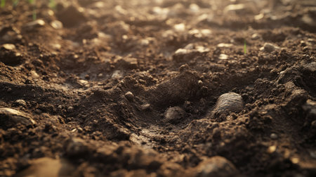 A close-up view reveals freshly tilled soil with rich brown tones, teeming with earthy textures. This fertile ground is prepared for planting, soaking in the warm light of the evening.の素材