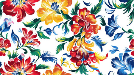 A stunning display of Petrykivka artistry features bold, colorful floral designs on a pristine white background, celebrating traditional Ukrainian culture and craftsmanship.の素材