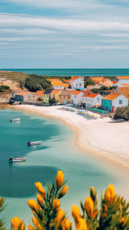 The picturesque coastal village features vibrant houses lining the shore, with small fishing boats anchored in the clear blue waters. The sandy beach invites relaxation under the sun.の素材
