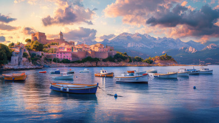 The tranquil waters of Calvi bay welcome colorful fishing boats as the historic Citadel overlooks the harbor, illuminated by soft evening light and distant mountains.の素材