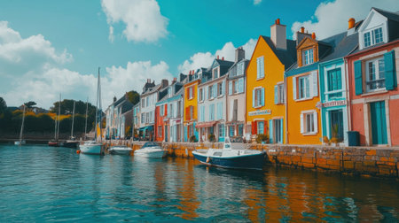 Brightly painted buildings line the peaceful harbor, where boats are docked and a clear blue sky reflects off the calm waters, creating a picturesque coastal scene.の素材