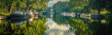 Narrowboats rest calmly along the Canal de Bourgogne, surrounded by lush trees and capturing the serene reflections of the countryside on the still water.の素材
