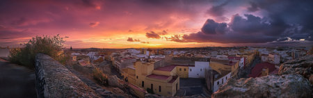 As the sun sets, vibrant hues illuminate the narrow streets and whitewashed buildings of Melilla's Old Town, showing the area's cultural richness and beauty.の素材