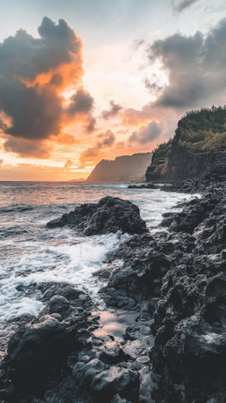 Golden hues illuminate the sky as the sun sets behind the cliffs, casting shadows over the rocky shoreline where waves gently crash against the black rocks.の素材