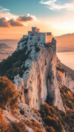 The sun sets behind a stunning castle situated on a towering cliff, casting warm golden hues over the rocky terrain and the calm waters below. The scenery is tranquil and breathtaking.の素材