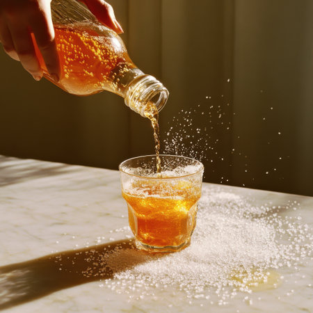 A close-up view shows a hand elegantly pouring fresh juice from a plastic bottle into a glass. Sugar crystals scatter across the countertop, enhancing the scene's texture and warmth.の素材