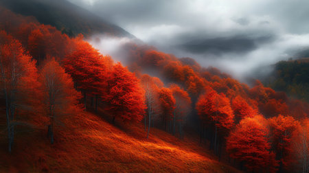 A breathtaking view of a forest filled with brilliant red foliage, shrouded in mist, creating a tranquil atmosphere amidst towering mountains.の素材