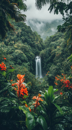 A stunning waterfall cascades down amidst a dense tropical rainforest, creating a peaceful atmosphere. Bright orange flowers bloom, enhancing the rich greenery around.の素材