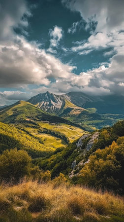 A stunning view of the Matese Regional Park highlights majestic mountains and lush forests, inviting adventurers to explore its picturesque hiking trails beneath a dramatic sky.の素材