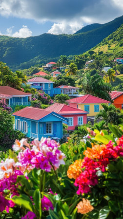 Charming cottages in bright hues are nestled amidst tropical foliage and colorful flowers, highlighting the beauty of the Caribbean landscape in Saint Lucia.の素材