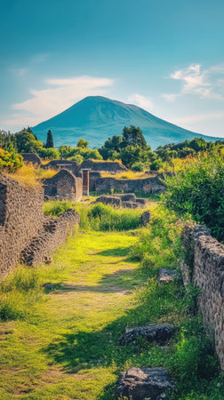 Exploring the historic ruins of Pompeii with vibrant greenery and ancient stone structures, while Mount Vesuvius stands majestically in the background on a clear day.の素材