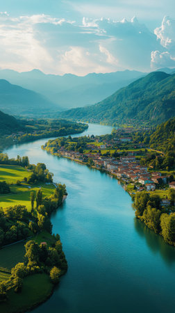 Experience the serene beauty of the Po River as it flows through the verdant hills of Piedmont, dotted with charming towns against the stunning Alpine backdrop.の素材