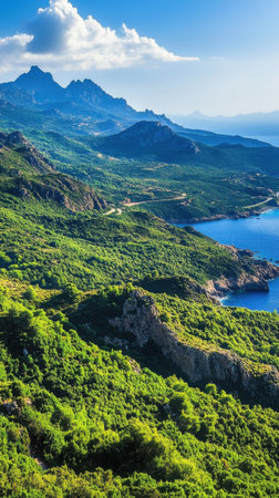 Explore the breathtaking landscape of Cap Corse, where lush green maquis meets winding roads and the deep blue Mediterranean under a clear sky.の素材