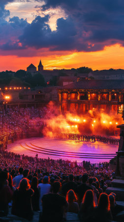 A large crowd gathers at an outdoor amphitheater, illuminated by warm lights as they enjoy a lively performance. The sunset casts a beautiful glow over the scene.の素材
