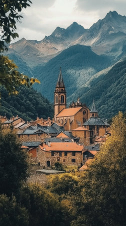 The charming village of Roncesvalles features its historic monastery amidst lush greenery and stunning mountain vistas, embodying the essence of pilgrimage.の素材