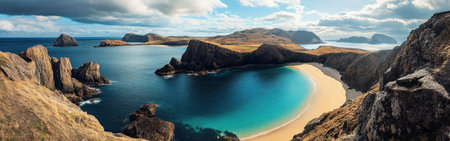 The tranquil scene features a beautiful sandy beach bordered by rugged cliffs, with crystal-clear water reflecting the clouds above. Islands dot the horizon, creating a picturesque seascape.の素材