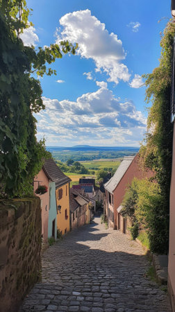 Nestled in the Grand Est region, Riquewihr showcases vibrant buildings against a backdrop of lush vineyards and a bright sky filled with fluffy clouds, inviting exploration.の素材