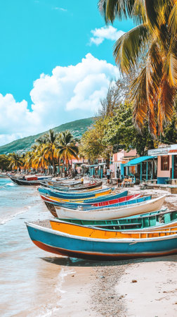 In Sainte-Anne, beachgoers relax under the sun as colorful boats are lined up along the shore, surrounded by lively markets and swaying palm trees, showcasing the area's coastal charm.の素材