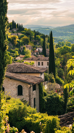 Discover the enchanting village of Asolo, where medieval stone buildings blend seamlessly with lush gardens and rolling hills, creating a serene landscape in Veneto.の素材