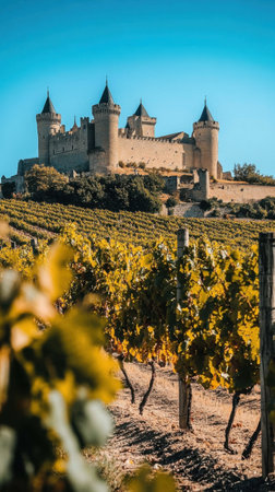 The beautiful medieval town of Olite features its grand castle with towering turrets surrounded by vibrant vineyards, reflecting the rich heritage of Navarre.の素材