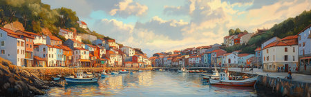 Cudillero comes alive at dusk, with its vibrant houses perched on the hillside and small boats gently bobbing in the calm harbor's waters, showing the beauty of the Asturias coast.の素材