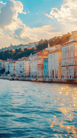 Experience the coastal charm of Trieste where vibrant buildings line the waterfront, reflecting sunlight on the Adriatic Sea, inviting exploration and admiration.の素材