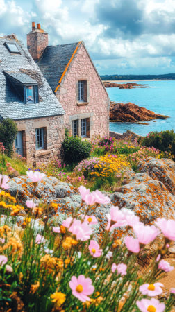 In the breathtaking Ile de Brhat, vibrant wildflowers bloom amidst pink granite rocks, while traditional stone houses rest beside the clear blue waters of the Atlantic Ocean.の素材