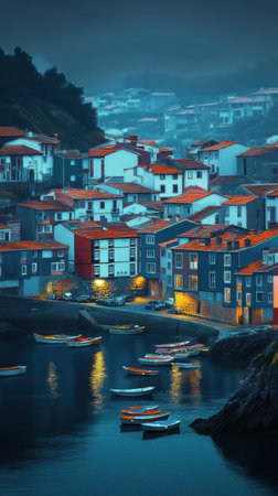 A charming coastal village basks in the twilight glow, featuring vibrant buildings, calm waters, and anchored boats, offering a tranquil evening atmosphere.の素材