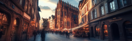 As dusk settles in Strasbourg, a lively market attracts crowds under warm lighting, showcasing the city's stunning medieval buildings and vibrant atmosphere.の素材